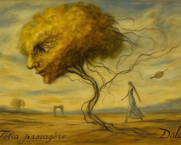 Surrealist Oil Painting with Human Face Tree and Figure