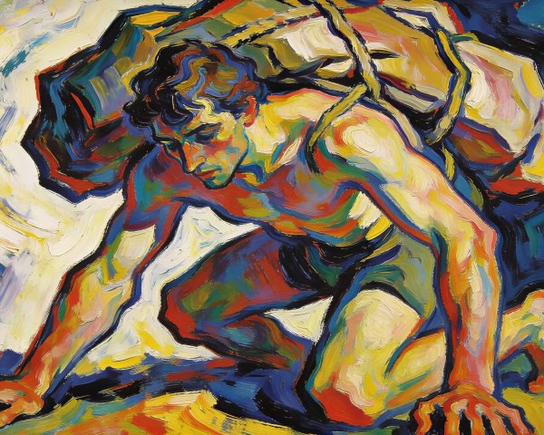 Muscular Man with Colorful Skin Carrying Geometric Rock