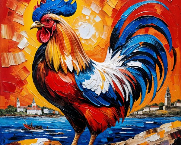 Vibrant Painting of a Majestic Rooster in Colorful Scene