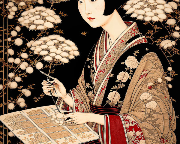 Graceful Woman in Kimono with Ornate Art Background
