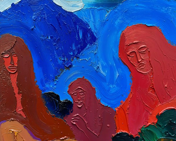 Stylized Figures in Impasto Oil Painting with Landscape