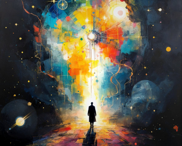 Silhouette in Abstract Landscape with Vibrant Colors