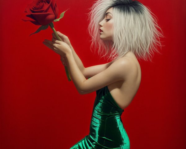 Portrait of a Woman with a Red Rose and Satin Dress