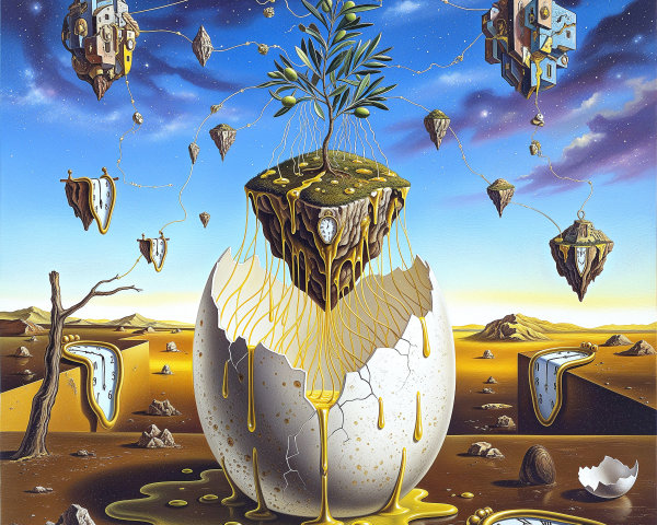 Surreal Landscape with Cracked Egg and Floating Islands