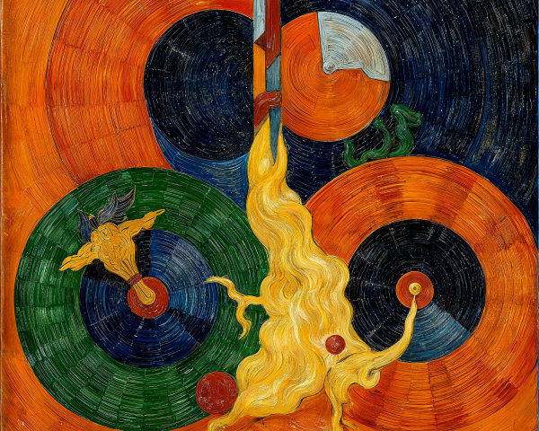 Vibrant Circular Shapes with Flowing Yellow Flames