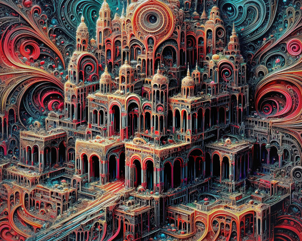 Surreal Architectural Structure with Vibrant Patterns