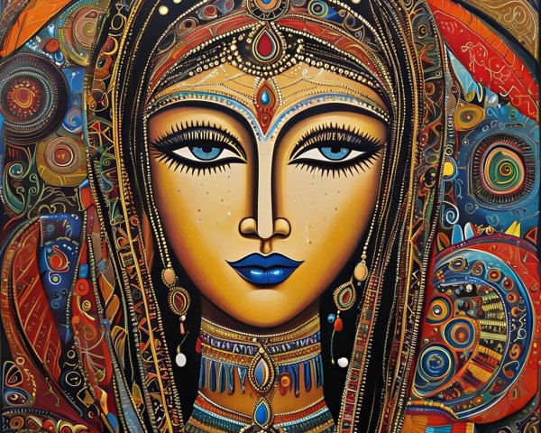 Colorful Woman's Face with Intricate Patterns and Veil