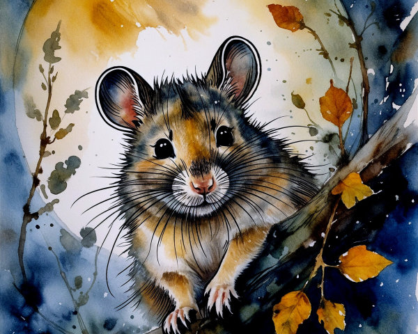 Watercolor Illustration of a Hamster on a Branch