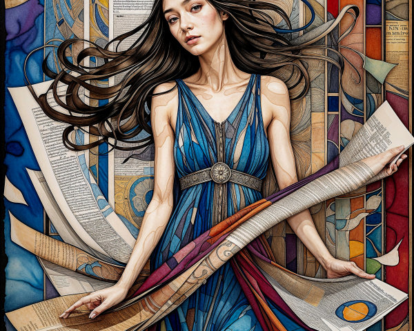 Woman in Blue Dress Surrounded by Text and Patterns
