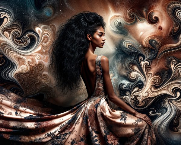 Elegant figure in flowing dress with colorful backdrop