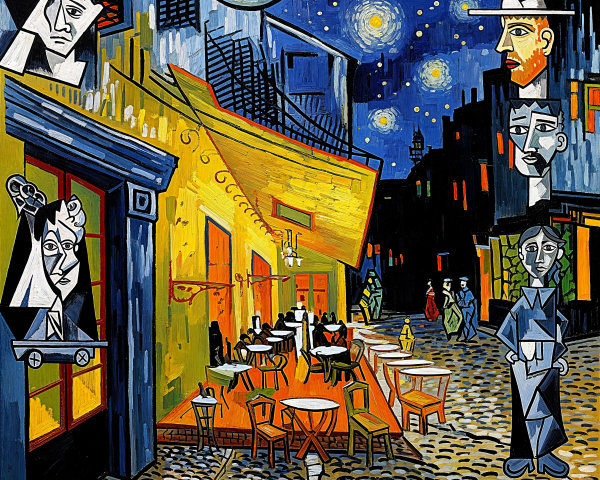 Vibrant Nighttime Street Scene in Cubist Style