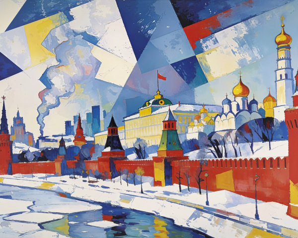 Cubist Winter City Scene with River and Towers