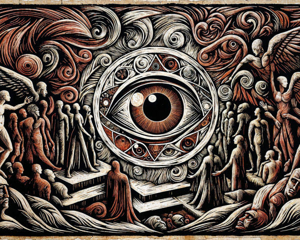 Large Eye Surrounded by Ethereal Figures and Patterns