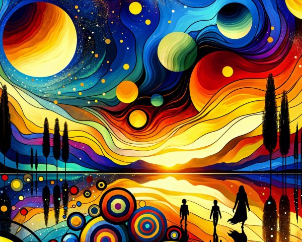 Surreal Cosmic Landscape with Children and Lake