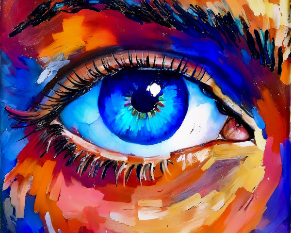 Close-up of a blue eye with vibrant abstract background