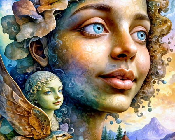 Whimsical Illustration of a Girl with Fairy and Bird