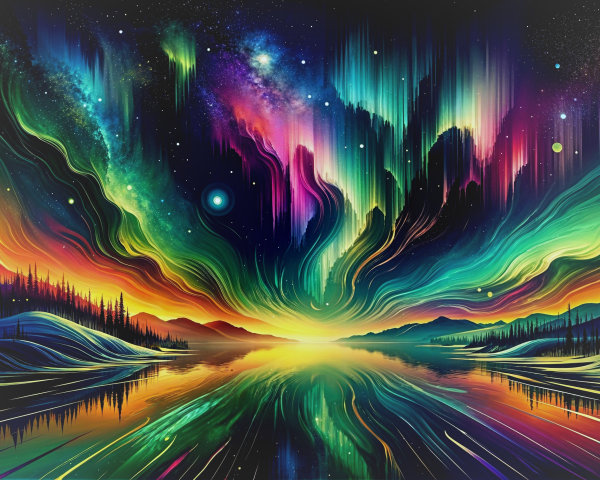 Surreal Landscape with Reflective Lake and Auroras