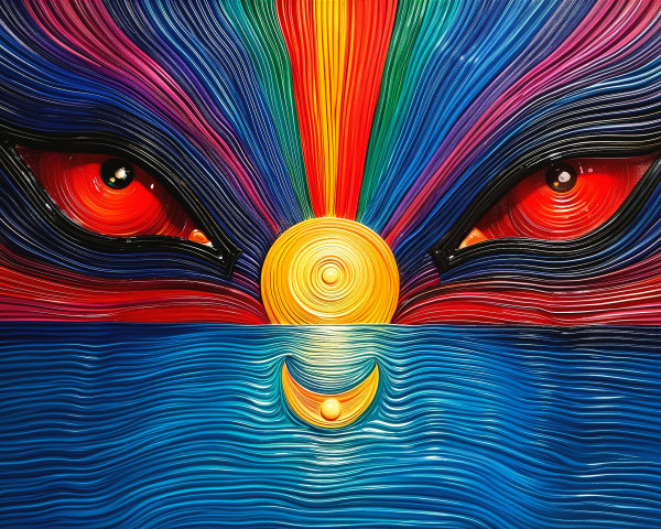 Abstract Sunset with Radiant Sun and Colorful Waves