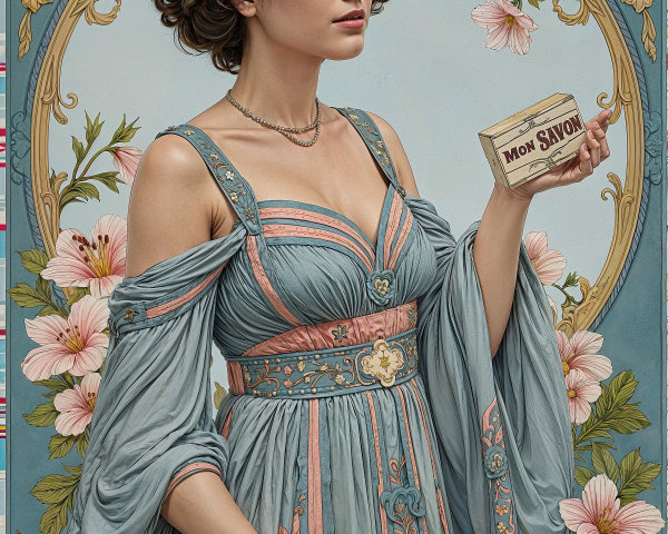 Vintage Illustration of Woman in Pastel Floral Gown