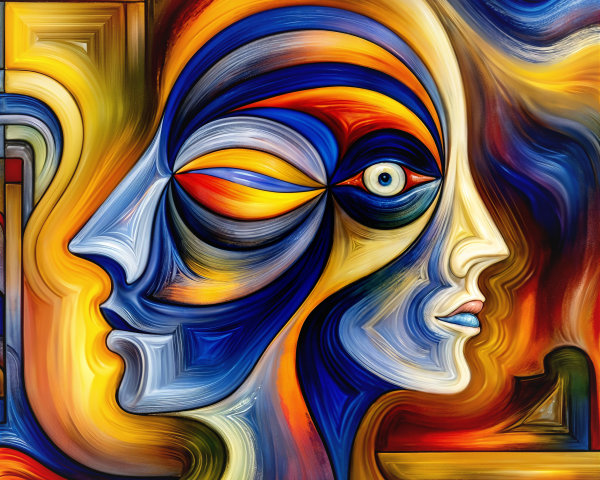 Abstract Portrait of Intertwined Profiles in Color