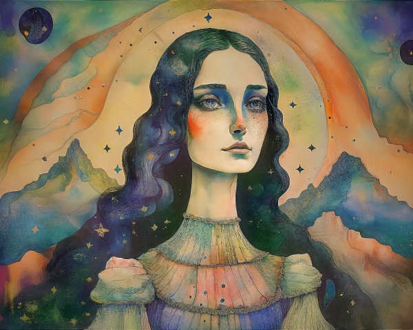 Serene Woman in Cosmic Background with Vibrant Colors