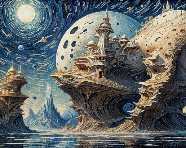 Surreal Landscape with Gothic Structures and Moons