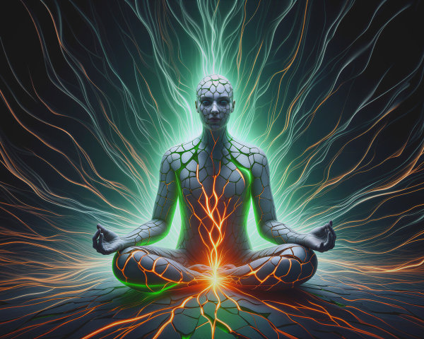 Humanoid Figure in Meditative Pose with Vibrant Energy