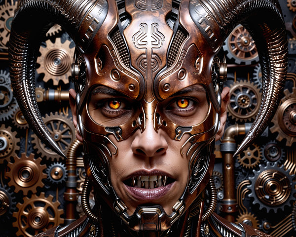 Close-up of a humanoid in a steampunk helmet