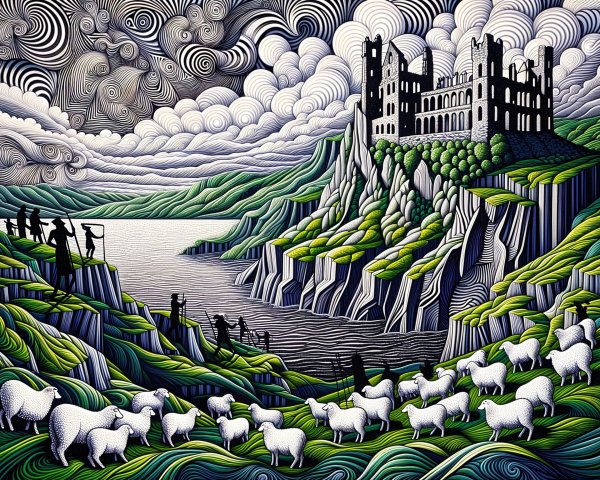 Dramatic Landscape with Hills, Sheep, and Castle Ruins