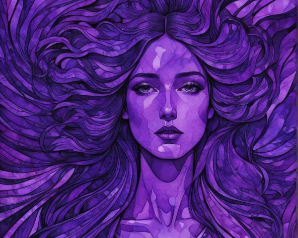 Stylized portrait of a woman with flowing purple hair