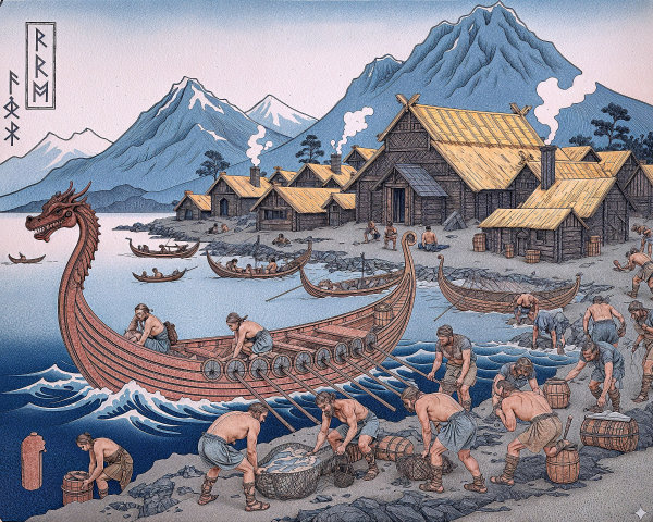 Viking Settlement by Fjord with Longhouses and Ship