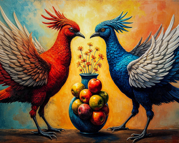 Majestic Red and Blue Birds with Colorful Vase and Flowers