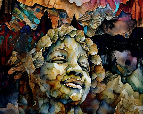 Serene Face with Nature Elements in Vibrant Artwork