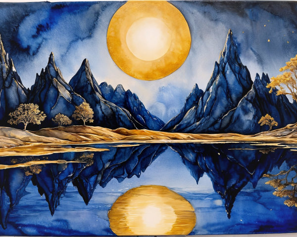 Majestic Blue Mountains and Serene Lake Landscape Painting