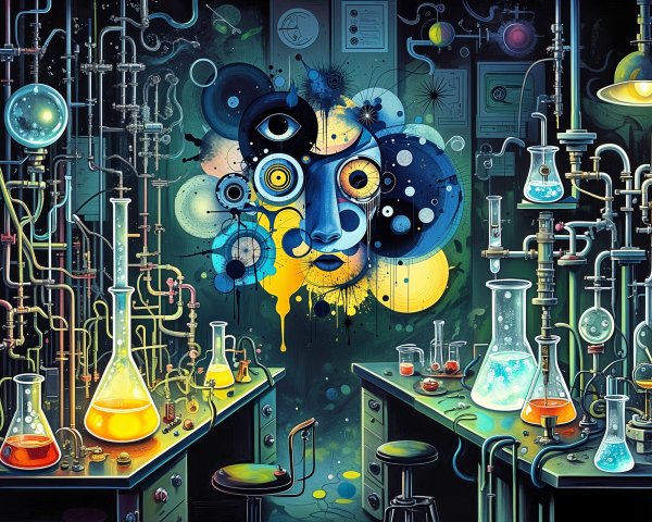 Vibrant Laboratory with Colorful Liquids and Artistry