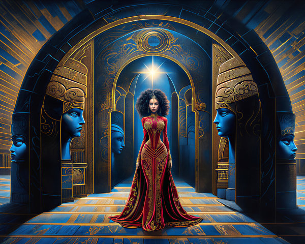 Regal Figure in Grand Ancient Hall with Intricate Design