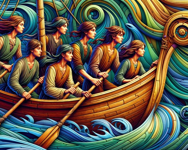 Group of Six Rowing a Ship Through Turbulent Waves