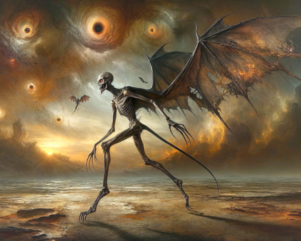 Skeletal Figure with Bat Wings in Desolate Landscape