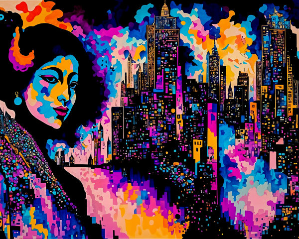 Vibrant Silhouette of Woman Against City Skyline