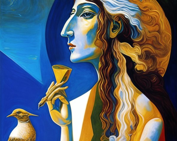Stylized Woman with Glass in Surreal Blue Scene