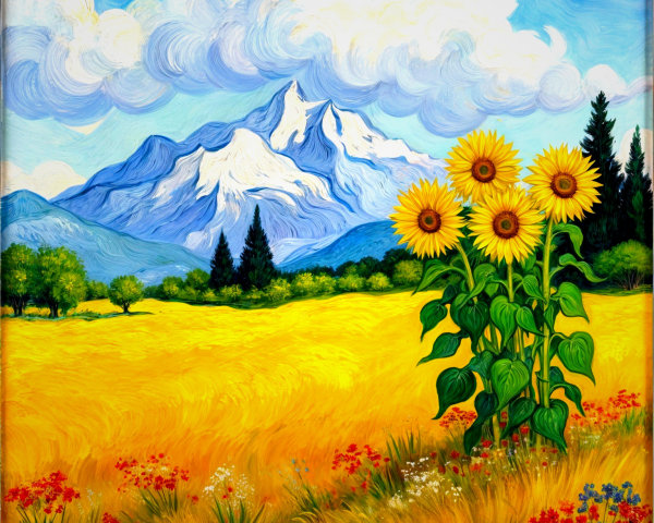 Vibrant Landscape with Wheat Field and Mountains