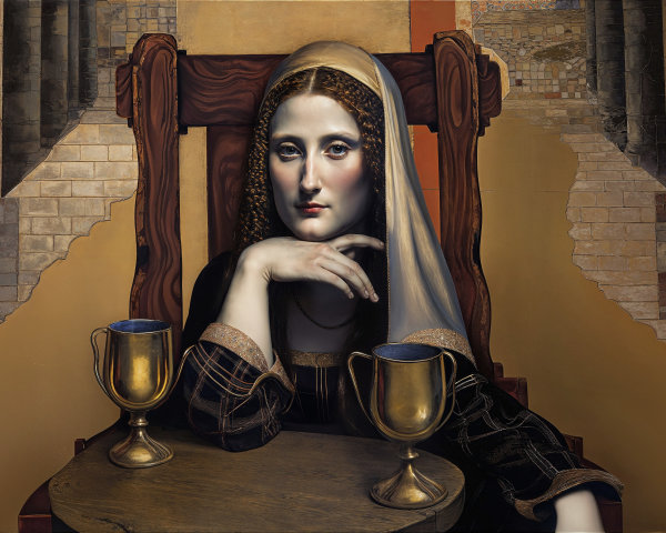 Serene Woman in Traditional Attire with Golden Chalices