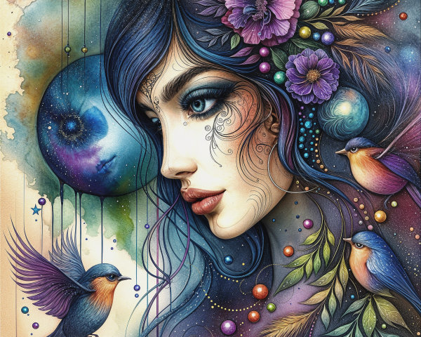 Vibrant Portrait of Woman with Blue Hair and Cosmos