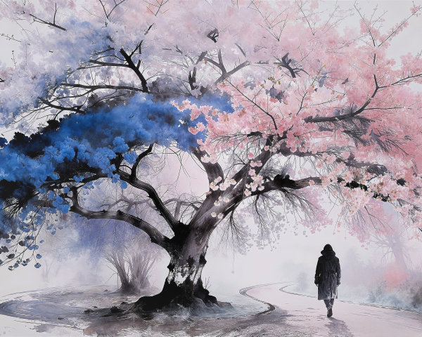 Watercolor Painting of Cherry Blossom Tree and Path