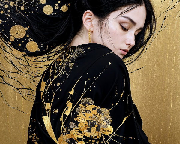 Luxurious Black Kimono with Gold Patterns and Jewelry