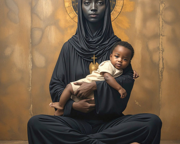 Mother Figure in Black Robe with Child Embraced