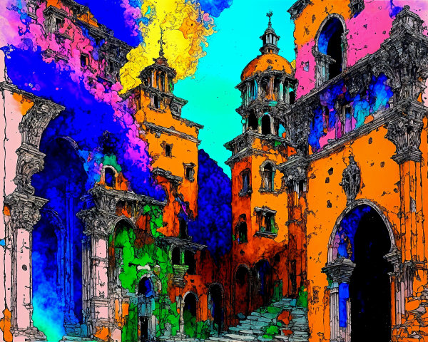 Surreal Landscape of Ancient Ruins with Colorful Architecture