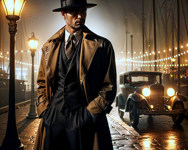 Dapper man in vintage setting with film noir ambiance