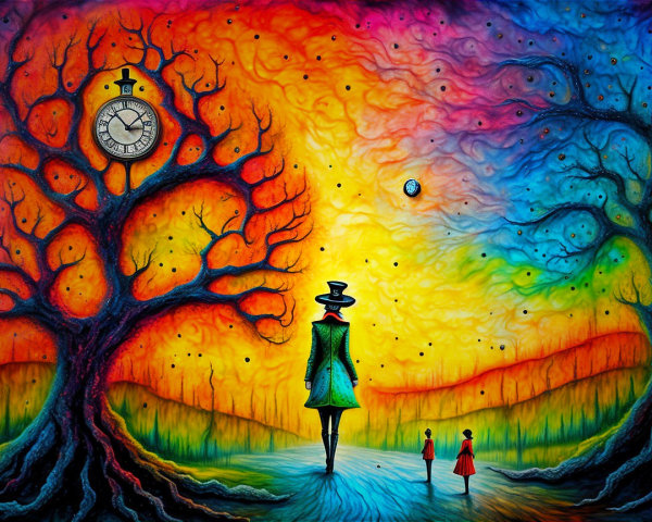 Surreal Landscape with Whimsical Figure and Enchanted Tree
