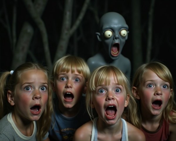 Children in a dim forest confronted by a gray figure